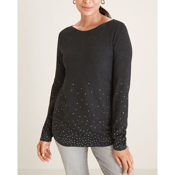 Chico's Sweater Womens Pullover Studded Bateau Neck Gray Ladies Medium NEW - Picture 1 of 7